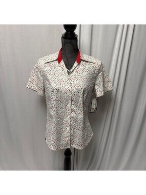 Click Short-Sleeve Button-Up Blouse Womens Petite 6 Red Floral Stretch NEW
